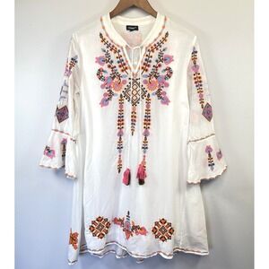 Tolani Womens Embroidered Floral Mini Dress Sz L White Boho Beach Coastal Resort